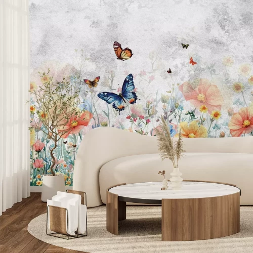 Fotobehang Kleurrijke weide met vlinders en een grijze achtergrond met structuur, botanisch patroon.