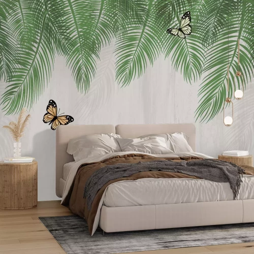 Fotobehang Groene palmbladeren en vlinders op een gestructureerde achtergrond, botanisch patroon.