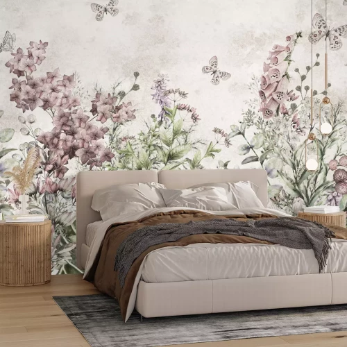 Fotobehang Botanisch aquarelpatroon van een bloemenweide met een delicaat vlindermotief