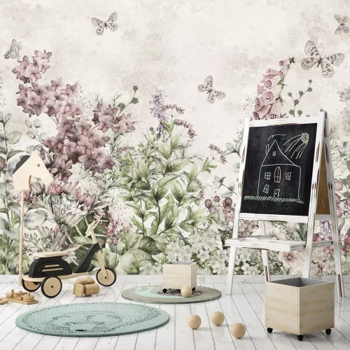 Fotobehang Botanisch aquarelpatroon van een bloemenweide met een delicaat vlindermotief