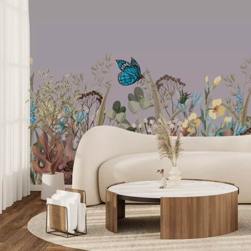 Fotobehang Blauwe vlinder in een weide vol bloemen, natuurlijk patroon