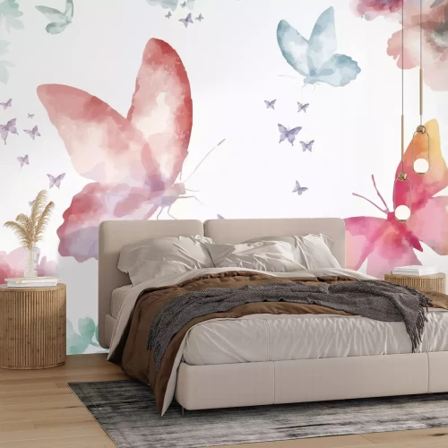 Fotobehang Botanisch patroon met kleurrijke vlinders en bloemen in aquarelstijl op een witte achtergrond.