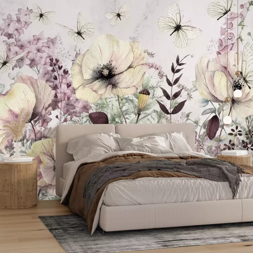 Fotobehang Aquarel weidebloemen en witte vlinders botanisch delicaat patroon