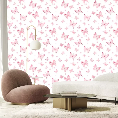 Fotobehang Kinderpatroon met aquarelvlinders en stippen op een lichte achtergrond