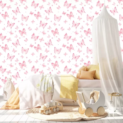 Fotobehang Kinderpatroon met aquarelvlinders en stippen op een lichte achtergrond