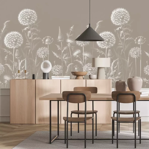 Fotobehang Witte paardenbloemen en wilde bloemen op een beige achtergrond, botanisch patroon