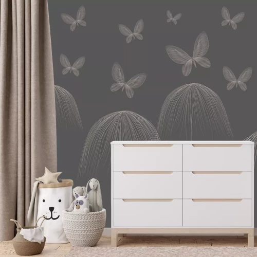 Fotobehang Minimalistisch vlinderpatroon op een donkere achtergrond, elegante graphics