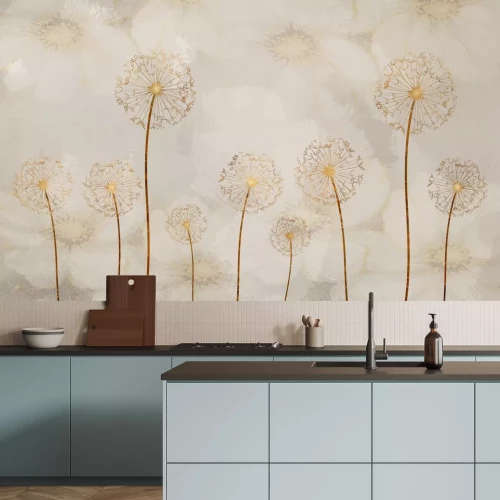 Fotobehang Abstracte gouden paardenbloemen tegen een achtergrond van delicate geschilderde bloemen