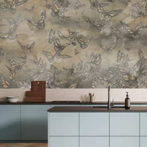 Fotobehang Vlinders op een aquarelachtergrond met een delicate textuur