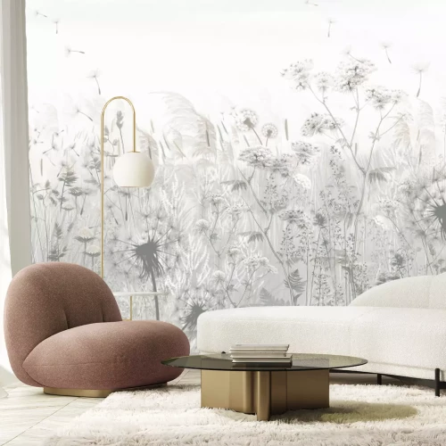 Fotobehang Wilde grassen en paardenbloemen in gedempte grijstinten