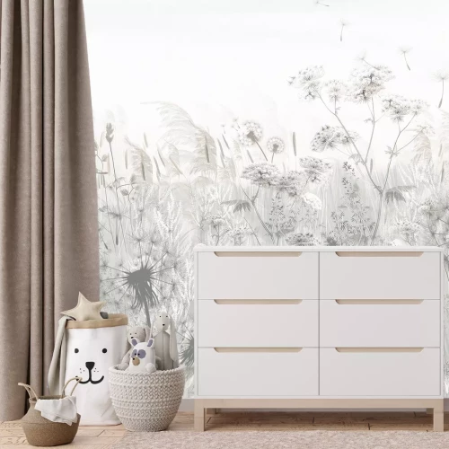 Fotobehang Wilde grassen en paardenbloemen in gedempte grijstinten