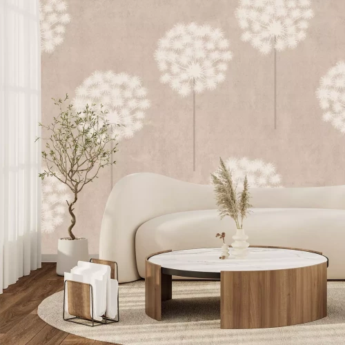 Fotobehang Paardenbloemen, witte bloemen in een plantenmotief op een beige achtergrond