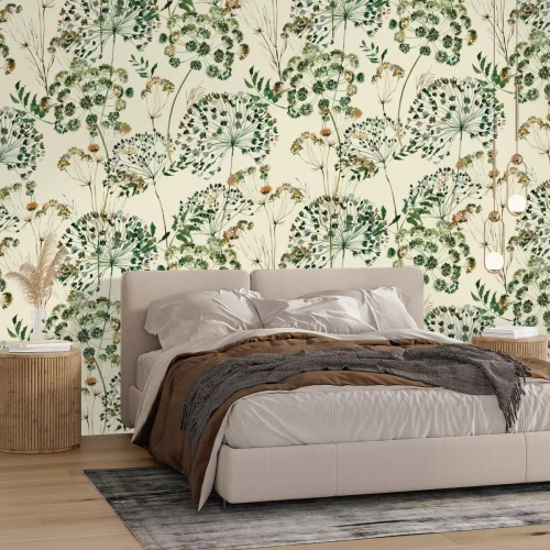 Fotobehang Aquarel paardenbloemen en wilde bloemen - een delicaat plantenmotief op een lichte achtergrond