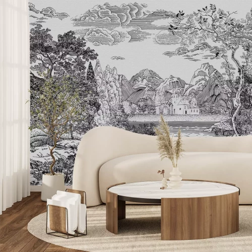 Fotobehang Monochrome schets van een landschap met een rivier en bergen