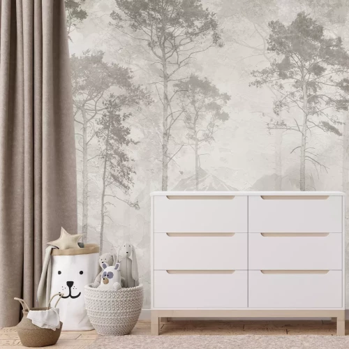 Fotobehang Een monochroom landschap met bomen tegen een achtergrond van glooiende bergen.