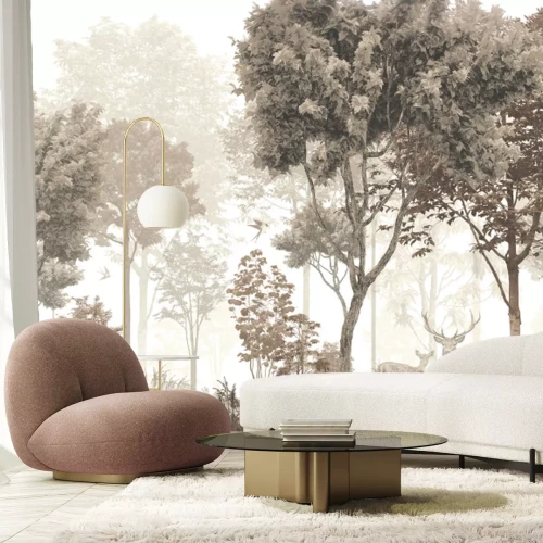 Fotobehang Vintage bosmotief met een hert en ree in een natuurlijk landschap