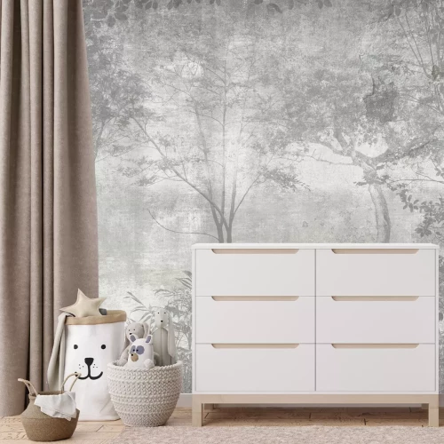 Fotobehang Landschap van een mistig bos en grijze bomen op een ruwe betonnen achtergrond