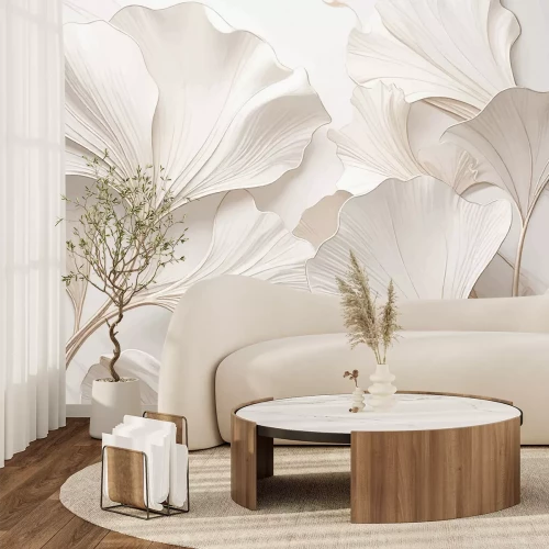 Fotobehang Elegante ginkgobladeren in een wit glamourpatroon