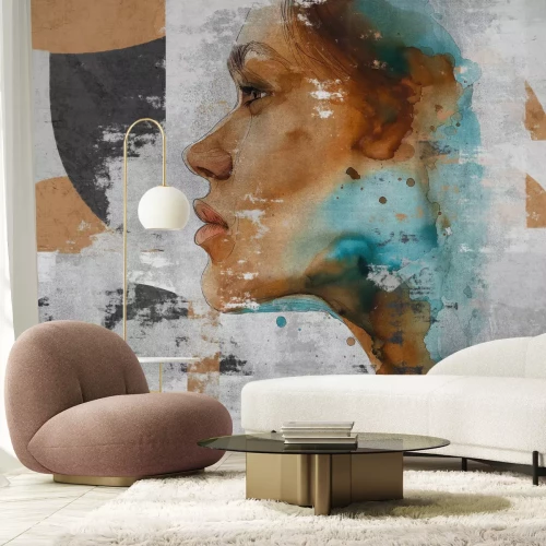 Fotobehang Artistiek portret van een vrouw met geometrische motieven in aquarelstijl.