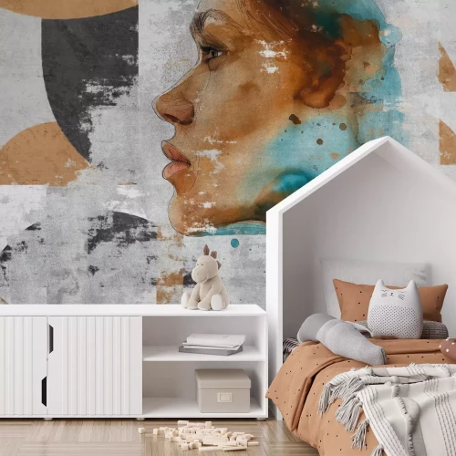 Fotobehang Artistiek portret van een vrouw met geometrische motieven in aquarelstijl.