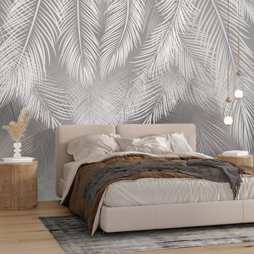 Fotobehang Palmbomen in tinten grijs en wit tegen een betonnen achtergrond
