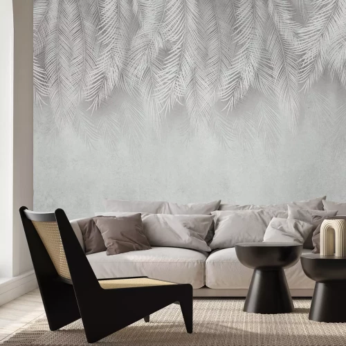 Fotobehang Grunge-textuur palmbladeren op een grijze achtergrond met betoneffect