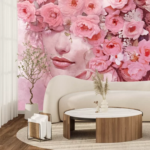 Fotobehang Een tere vrouw tussen roze bloemen in aquarelstijl