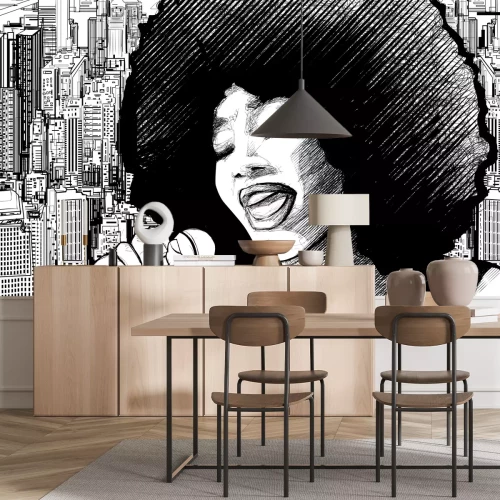 Fotobehang Een vrouw die zingt in een stedelijke omgeving, zwart-wit tekening.