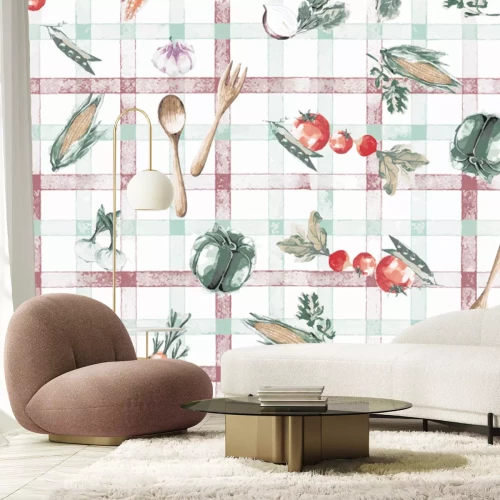 Fotobehang Fruit en groenten op een geblokte tafelkleedachtergrond