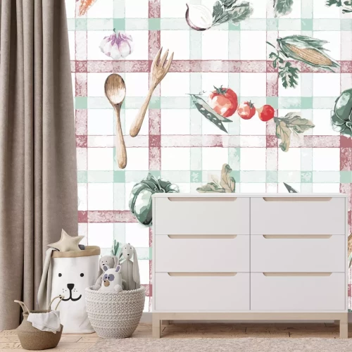 Fotobehang Fruit en groenten op een geblokte tafelkleedachtergrond