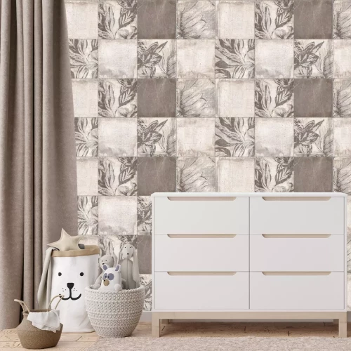 Fotobehang Vierkante tegels met een botanisch motief