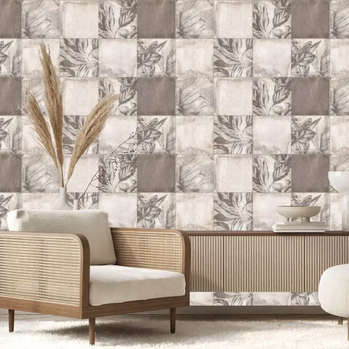 Fotobehang Vierkante tegels met een botanisch motief