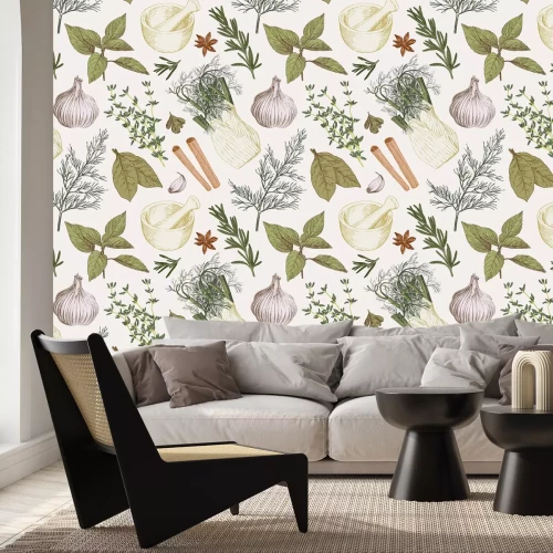 Fotobehang Decoratief patroon met kruiden en groenten