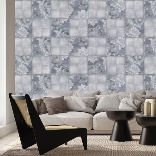 Fotobehang Imitatie van vierkante tegels met bladeren