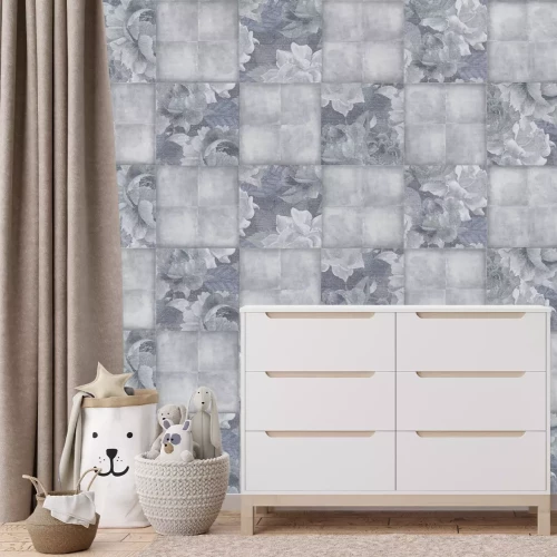 Fotobehang Imitatie van vierkante tegels met bladeren