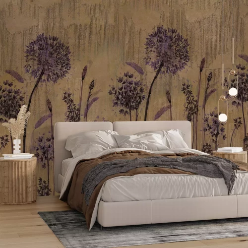 Fotobehang Paarse paardenbloembloemen op de muur