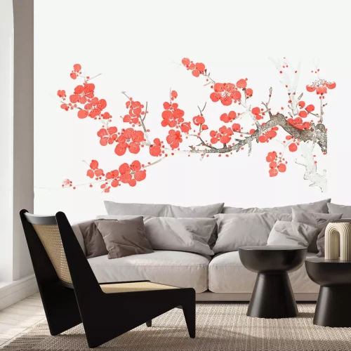 Fotobehang Rode kersenbloesems op een tak op een witte achtergrond