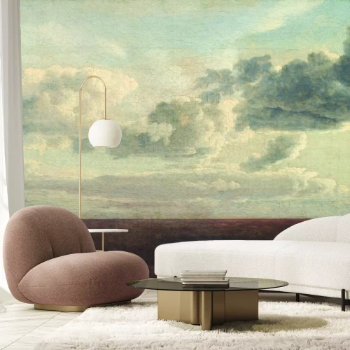 Fotobehang Een wilde weide tegen een lucht met witte wolken