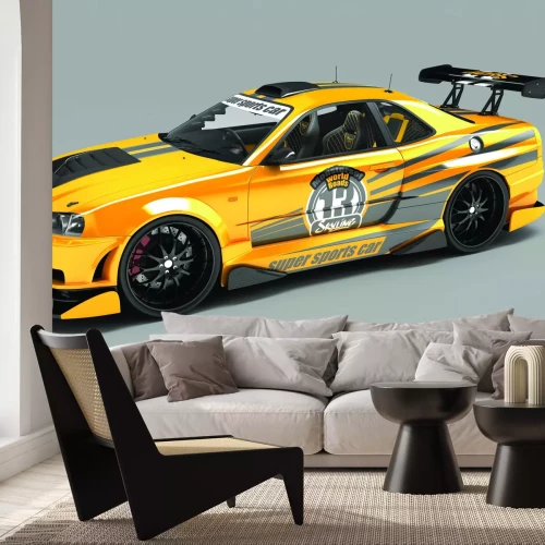 Fotobehang Een gele sportwagen op een grijze achtergrond