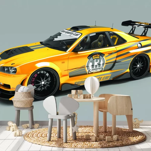 Fotobehang Een gele sportwagen op een grijze achtergrond