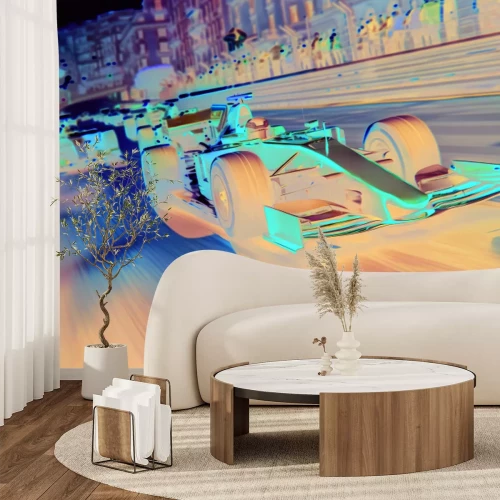 Fotobehang Een Formule 1-auto racet met hoge snelheid door de stad