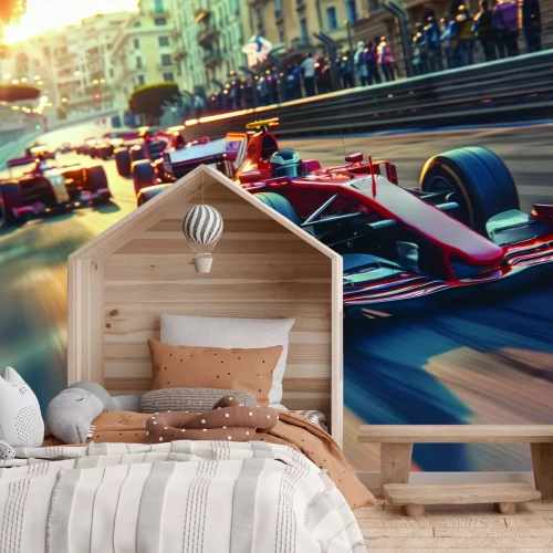 Fotobehang Een Formule 1-auto racet met hoge snelheid door de stad