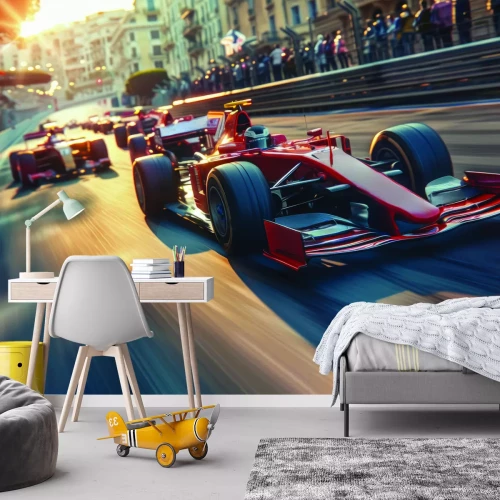 Fotobehang Een Formule 1-auto racet met hoge snelheid door de stad