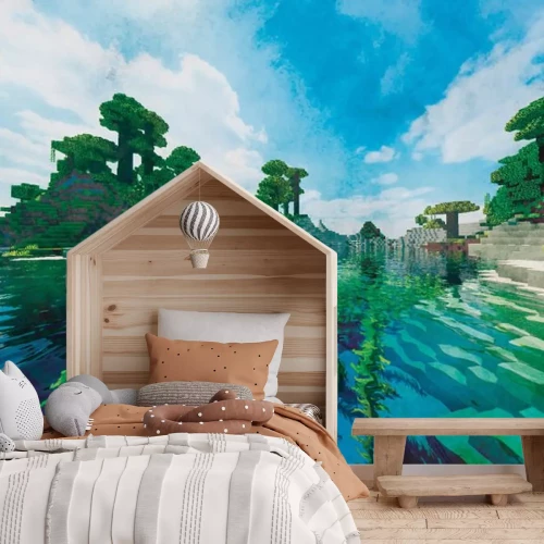 Fotobehang Pixel art Minecraft eilandlandschap