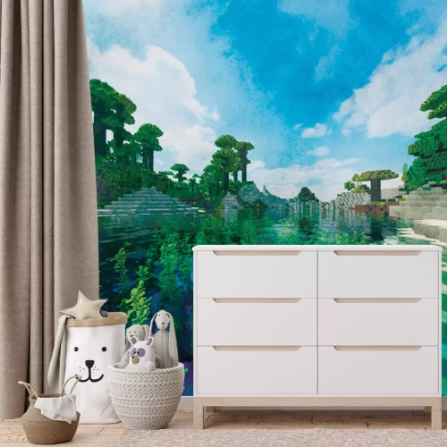 Fotobehang Pixel art Minecraft eilandlandschap