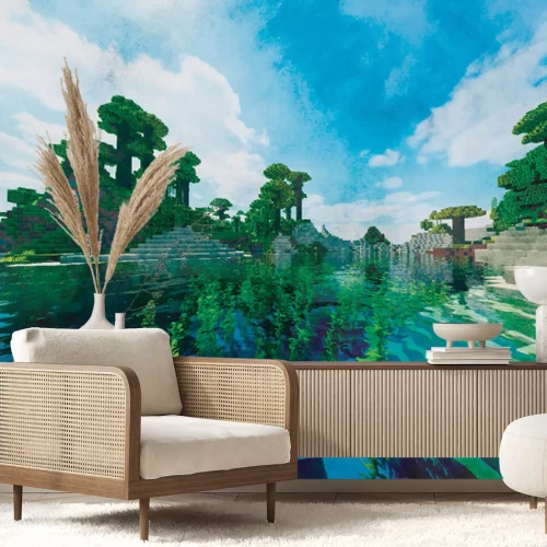 Fotobehang Pixel art Minecraft eilandlandschap