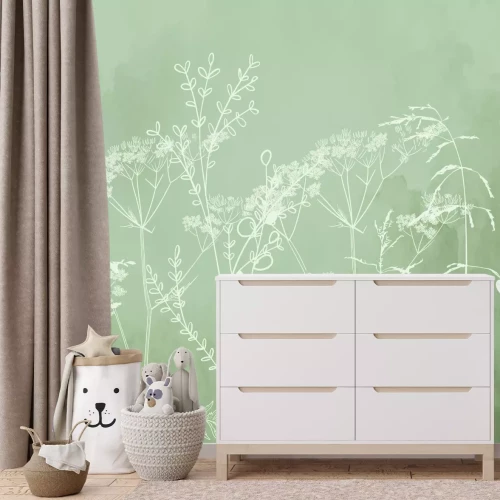 Fotobehang Subtiele witte grassen op een groene achtergrond