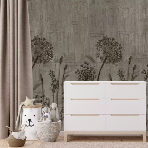 Fotobehang Paardenbloemen op een grijze betonnen achtergrond