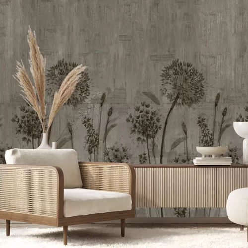 Fotobehang Paardenbloemen op een grijze betonnen achtergrond