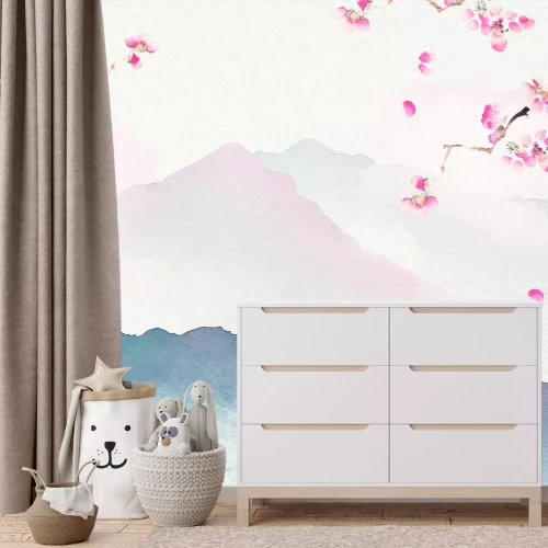 Fotobehang Aquarel schilderij van heuvels met kersenbloesems